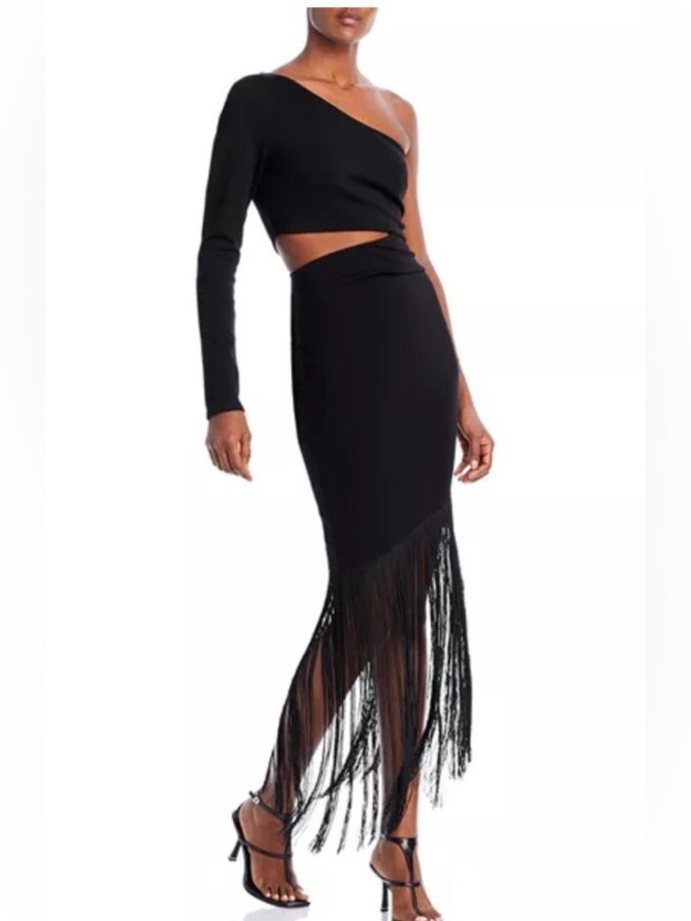 One-Shoulder Black Maxi Dress with Fringe Hem